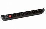 255002 Hyperline SHE19-8SH-S-IEC Блок розеток для 19" шкафов, горизонтальный, с выключателем с подсветкой, 8 розеток Schuko (10А), 250В, без кабеля пи