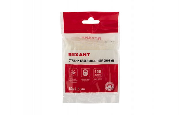 07-0080 Хомут-стяжка кабельная нейлоновая REXANT 80 x2,5 мм, белая, упаковка 100 шт. внешний вид 2