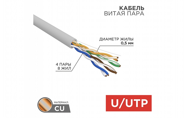 01-0043 Кабель витая пара REXANT UTP 4PR 24AWG, CAT5e (бухта 305 м) внешний вид 4