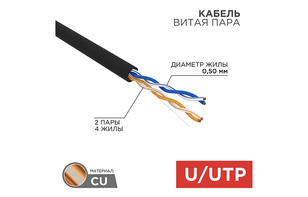 01-0025 Кабель витая пара REXANT UTP 2PR 24AWG, CAT5e наружный (OUTDOOR) (бухта 305 м) внешний вид 2