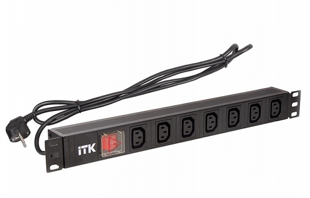 PH12-7C131 ITK PDU 7 розеток C13 с LED выкл,1U, шнур 2м вилка нем.ст