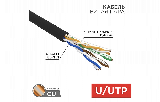 01-0045 Кабель витая пара U/UTP, CAT 5e, PE, 4PR, 24AWG, OUTDOOR, SOLID, черный, 305м, REXANT внешний вид 4