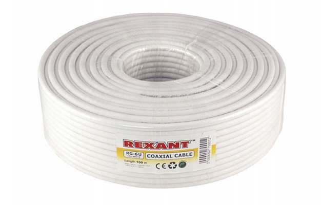 01-2222 Кабель коаксиальный REXANT RG-6U+Cu, 75 Ом, Cu/Al/Cu, 64%, бухта 100 м, черный OUTDOOR внешний вид 1