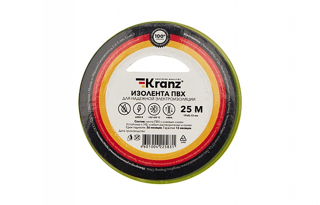 KR-09-2207 Изолента ПВХ KRANZ 0.13х19 мм, 25 м, желто-зеленая упаковка 5 роликов внешний вид 1