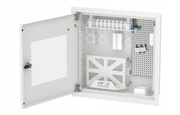 CCD ShT-NSs Apartment Built-In Telecommunication Cabinet, Radio Transparent Door, 3+2 patch cords, 1х3 splitter внешний вид 2