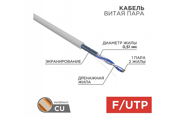 01-0120 Кабель витая пара REXANT FTP 1PR 24AWG, CAT5e (бухта 305 м) внешний вид 2