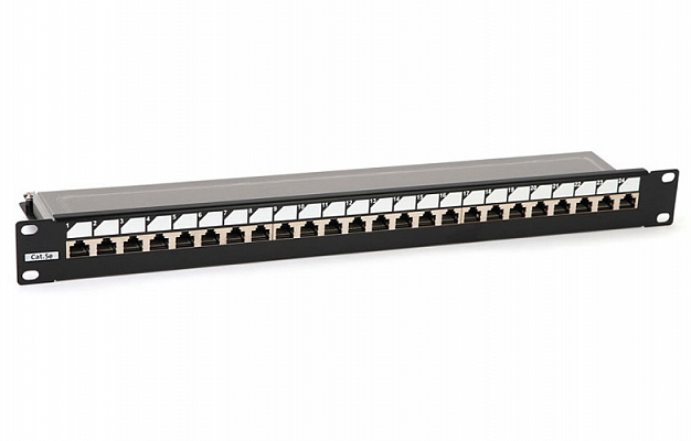 246037 PP3-19-24-8P8C-C5E-SH-110D Hyperline 19" Patch Panel, 1U, 24 RJ-45 Ports, Fully Shielded, Cat. 5e, Dual IDC, ROHS, Black