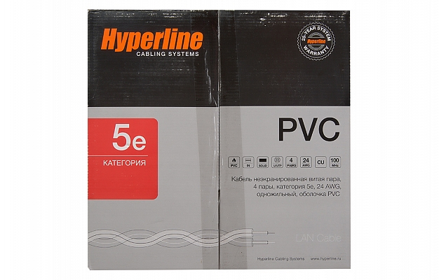 41903 Hyperline UUTP4-C5E-S24-IN-PVC-GY-305 (305 м) Кабель витая пара, неэкранированная U/UTP, категория 5e, 4 пары (24 AWG), одножильный (solid), PVC внешний вид 5