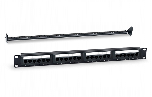 WRline WR-PL-24-C5E-D Патч-панель 19" (1U), 24 порта RJ-45, категория 5e, Dual IDC, с задним кабельным организатором, цвет черный