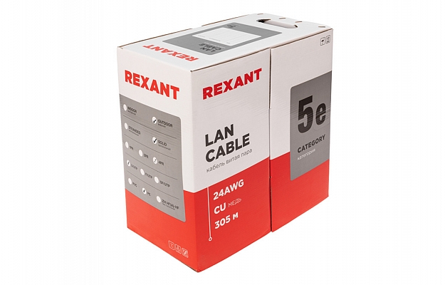 01-0045 Кабель витая пара U/UTP, CAT 5e, PE, 4PR, 24AWG, OUTDOOR, SOLID, черный, 305м, REXANT внешний вид 2