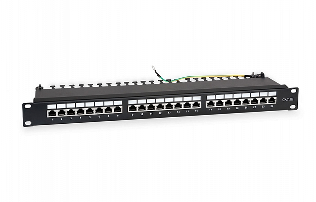 WRline WR-PL-24-C5E-SH-D Патч-панель 19"(1U), 24 порта RJ-45 полностью экранированная, категория 5e, Dual IDC, цвет черный