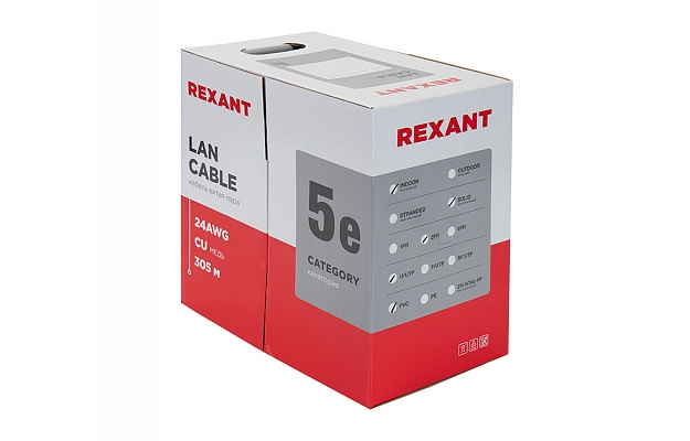 01-0023 Кабель витая пара REXANT UTP 2PR 24AWG, CAT5e, бухта 305 м, серый внешний вид 2