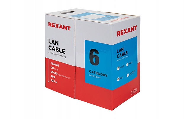 01-0047 Кабель витая пара REXANT UTP 4PR 23AWG, CAT6 (бухта 305 м) внешний вид 2