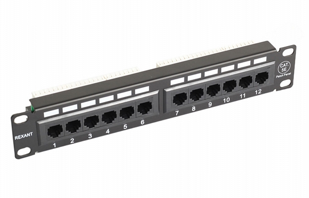 04-0025 REXANT 10" Patch Panel, 1U, 12 RJ-45 Ports, Cat. 5е, Dual IDC