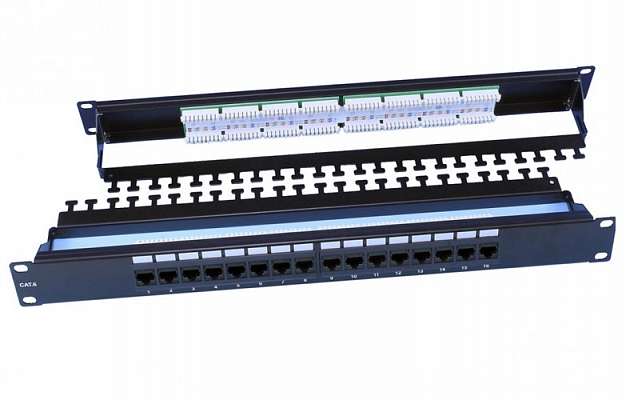 246105 PP3-19-16-8P8C-C6-110D Hyperline 19" Patch Panel, 1U, 16 RJ-45 Ports, Cat. 6, Dual IDC, ROHS, Black (w/rear cable organizer)